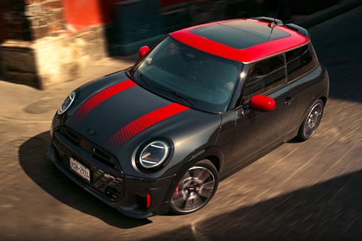 Three-quarter view of the front side of the 2026 Mini Cooper JCW