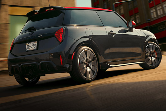 Three-quarter view of the rear of the 2026 Mini Cooper JCW