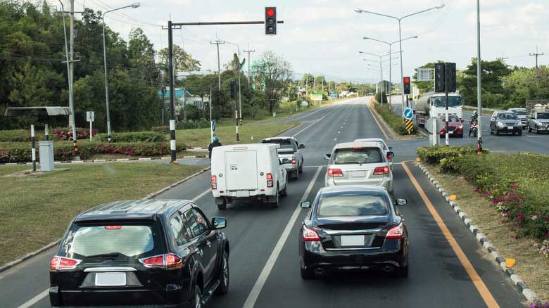 Cars waiting at a red light