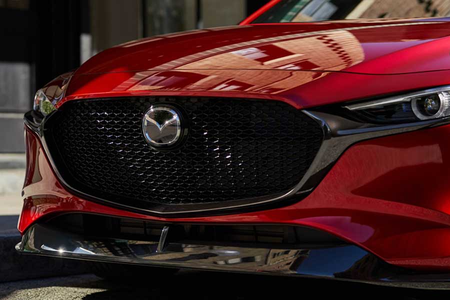 Close-up of the grille of the 2026 Mazda 3 hatchback